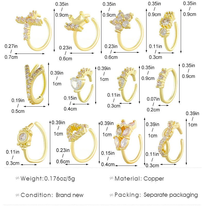 Creative Punk Nose Rings for Women Men Gold Color New Zircon-encrusted Cross Crown Love Hip-hop Fake Nose Studs Fashion Jewelry