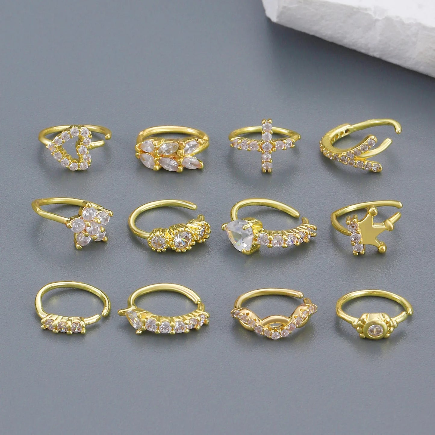 Creative Punk Nose Rings for Women Men Gold Color New Zircon-encrusted Cross Crown Love Hip-hop Fake Nose Studs Fashion Jewelry