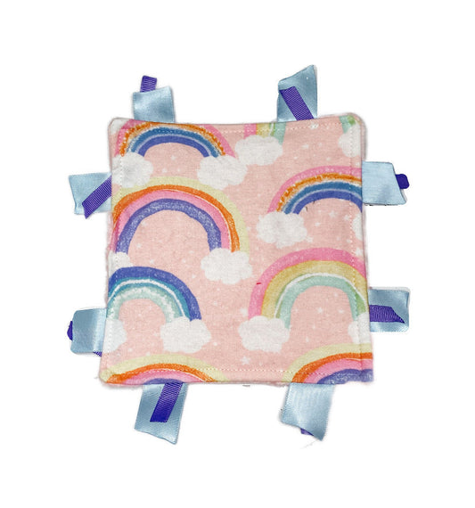 rainbow sensory crinkle paper tag toy (blue & purple ribbons)